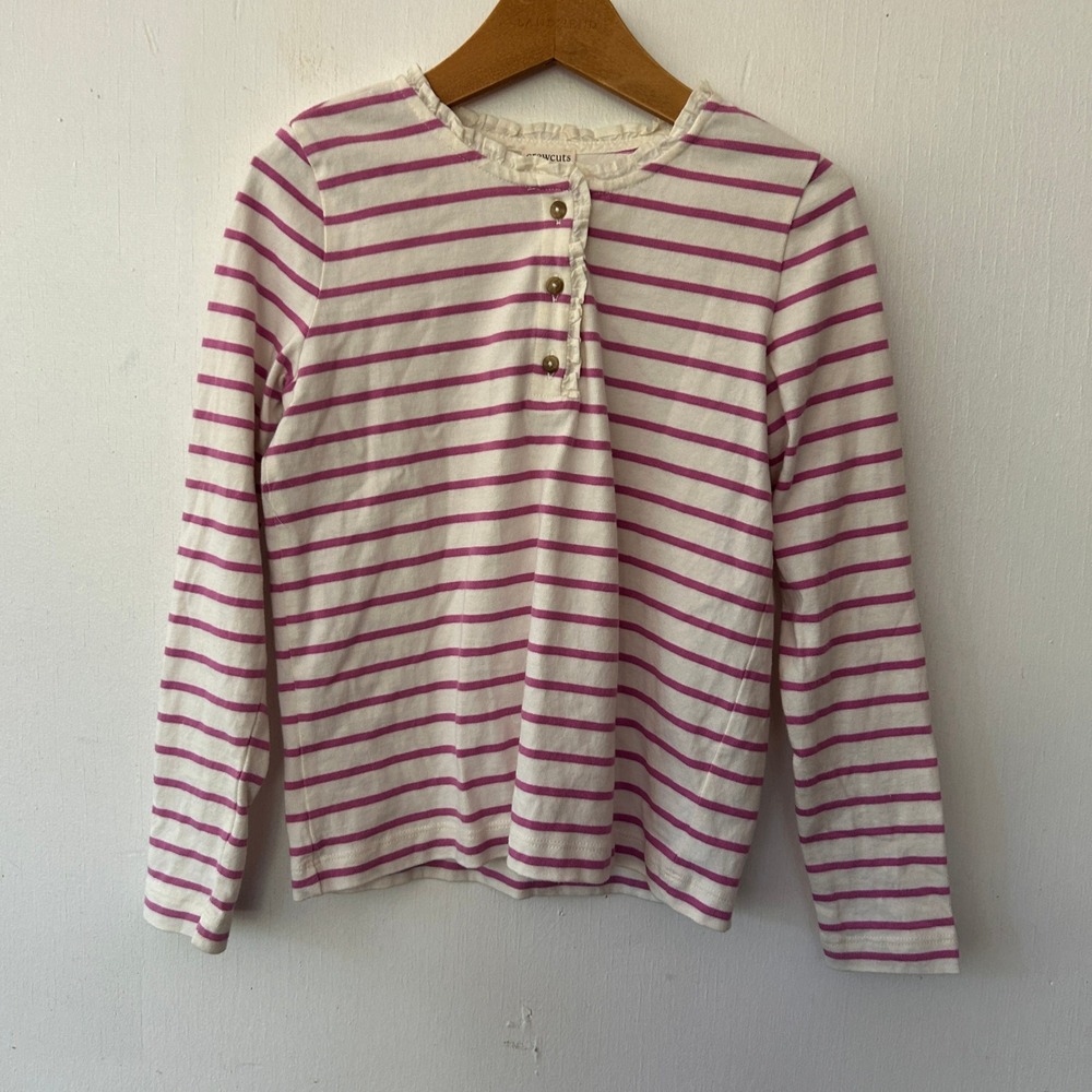 Crewcuts Henley Top Girls Size M 8-9 Pink White Striped Ruffle Neck Preppy